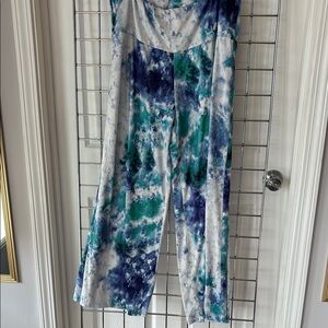 Artistic Blue and Green Tie-Dye Wide Leg Jumpsuit